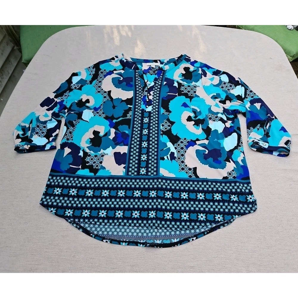 Dana Buchman Blouse 3/4 Sleeve Floral Mixed Pattern Tunic Turquoise/Black 2X